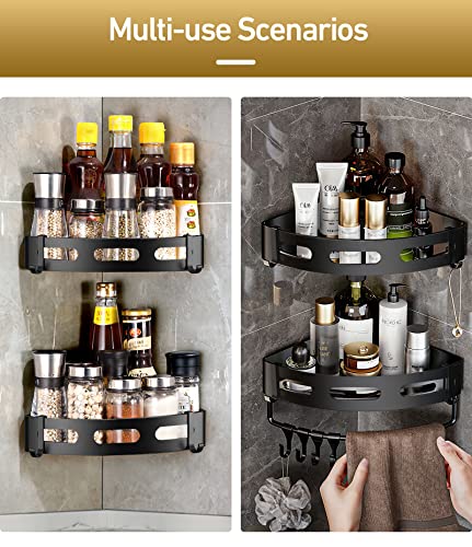 MAZEME 2 Pack Adhesive Corner Shower Caddy Organizer with 4 Hooks and Bathroom Towel Bar, Hanging Plastic Shower Shelf Basket Storage Racks No Drilling Rustproof Wall Mounted for Dorm College, Black