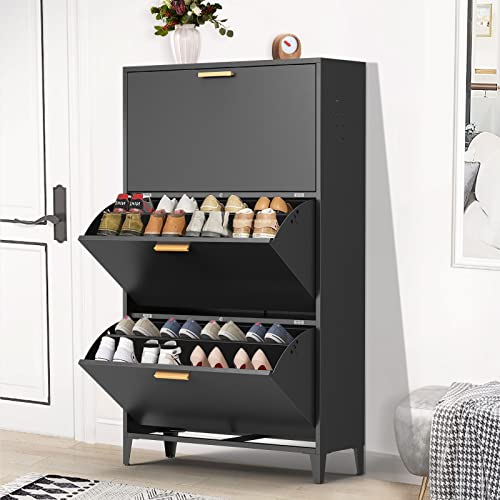 silkight Shoe Cabinet for Entryway, Freestanding Shoe Rack Metal Shoe Storage Cabinet with 3 Flip Drawers & Adjustable Shelf, Modern Slim Black Shoe Organizer Cabinet for Heels, Boots, Slippers