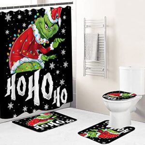 merry christmas bathroom 4-piece set, shower curtain, non-slip rug, toilet seat cover and bath mat grinch christmas holiday bathroom decor with hooks 72 x 72 inches (bathroom sets2)
