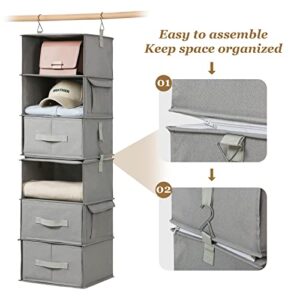 6-Tier Hanging Shelves for Closet, Two 3-Shelf Hanging Closet Organizer w/ 4 Side Pockets and 3 Drawers, Combinable for Dorm Wardrobe Organizer and RV Storage and Organization (Light Gray, Assembled)