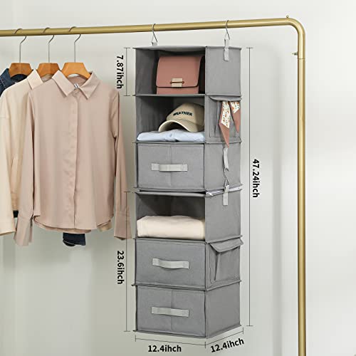 6-Tier Hanging Shelves for Closet, Two 3-Shelf Hanging Closet Organizer w/ 4 Side Pockets and 3 Drawers, Combinable for Dorm Wardrobe Organizer and RV Storage and Organization (Light Gray, Assembled)