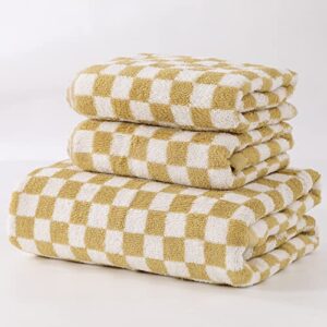 idorespell luxury bath towel sets yellow white checkered large ultra soft 100% cotton classic checkerboard 1 bath towels sheets 2 hand towels highly absorbent for adults girl face body (yellow)