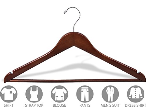 The Great American Hanger Company Wood Suit Hanger w/Solid Wood Bar, Box of 25 Space Saving 17 Inch Flat Wooden Hangers w/Walnut Finish & Chrome Swivel Hook & Notches for Shirt Dress or Pants