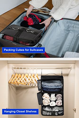 ELEZAY Hanging Packing Cubes Portable Closet 3-Shelf Travel Collapsible Compression Garment Organizer for Carry-on Luggage Suitcase Space Saver Bag XX-Large, Black