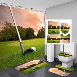 golf bathroom 4 pieces set shower curtain, toilet lid cover and bath mat, non-slip rugs, durable and waterproof, for bathroom decor set, 72" x 72"