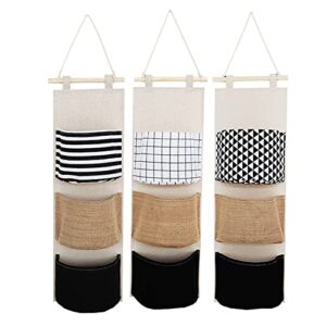 wall hanging storage bag, over the door organizer, wall mounted hanging closet organizer, 3 pockets linen cotton fabric multi functional wall organizer for living room bedroom bathroom (3 pack-style 4)