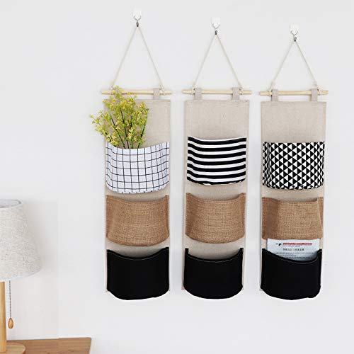 Wall Hanging Storage Bag, Over The Door Organizer, Wall Mounted Hanging Closet Organizer, 3 Pockets Linen Cotton Fabric Multi Functional Wall Organizer for Living Room Bedroom Bathroom (3 pack-style 4)