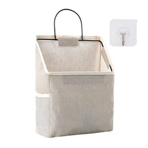 surblue wall hanging storage bag with sticky hook, closet hanging storage for pocket, bathroom dormitory organizer bag, linen cotton organizer box containers for bedroom(grey)