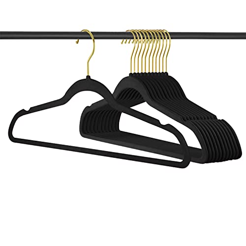 ManGotree Velvet Suit Hangers with 360 Swivel Gold Hook, Non-Slip Coat Hangers, Ultra-Slim Space Saving Hangers, Sturdy & Durable Clothes Hangers, 36 Pack (Black)