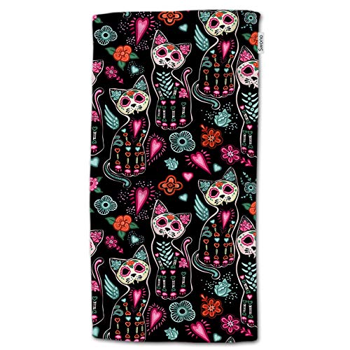 HGOD DESIGNS Cat Hand Towels,Day of The Dead Halloween Cats with Colorful Flowers 100% Cotton Soft Bath Hand Towels for Bathroom Kitchen Hotel Spa Hand Towels 15"X30"