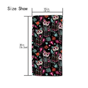 HGOD DESIGNS Cat Hand Towels,Day of The Dead Halloween Cats with Colorful Flowers 100% Cotton Soft Bath Hand Towels for Bathroom Kitchen Hotel Spa Hand Towels 15"X30"