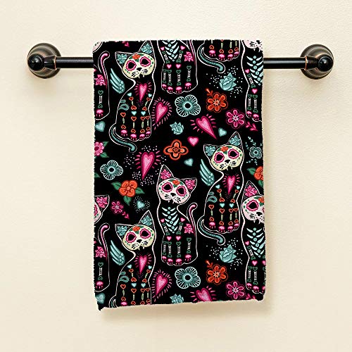 HGOD DESIGNS Cat Hand Towels,Day of The Dead Halloween Cats with Colorful Flowers 100% Cotton Soft Bath Hand Towels for Bathroom Kitchen Hotel Spa Hand Towels 15"X30"