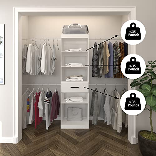 SOLRIG Closet System Tower Kits, Including Clothes Rack Shelves, Organizer Kits, Rods Can Be Cut and One Drawer, Manufactor Wood with White Color for Bedroom and Closet Room.