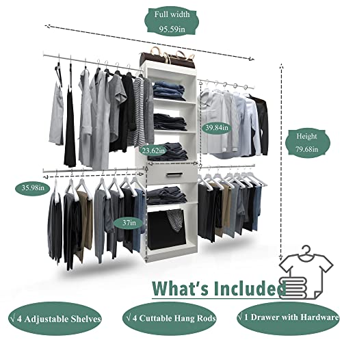 SOLRIG Closet System Tower Kits, Including Clothes Rack Shelves, Organizer Kits, Rods Can Be Cut and One Drawer, Manufactor Wood with White Color for Bedroom and Closet Room.