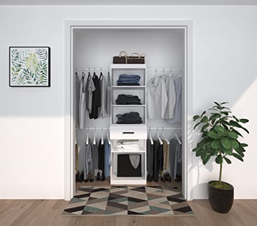 SOLRIG Closet System Tower Kits, Including Clothes Rack Shelves, Organizer Kits, Rods Can Be Cut and One Drawer, Manufactor Wood with White Color for Bedroom and Closet Room.