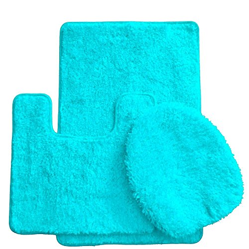 BH Home & Linen 3 Piece Luxury Acrylic Bath Rugs Set Large 18" x 30 Contour Mat 18"x18" and Lid. (Turquoise),3PC Solid Luxury