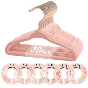 kids velvet hangers, vis'v 11 inch pink non-slip baby clothes hangers with 6 pcs cute clothing dividers for infant toddler boys & girls closet organizer - 30 pack