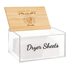 aimerss acrylic dryer sheet dispenser with bamboo lid, clear dryer sheet holder for laundry room decor storage containers, modern farmhouse dryer sheet container box for fabric softener sheets