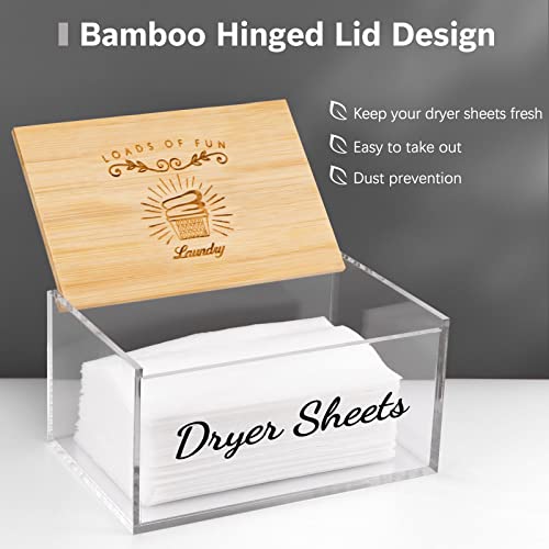 AIMerss Acrylic Dryer Sheet Dispenser with Bamboo Lid, Clear Dryer Sheet Holder for Laundry Room Decor Storage Containers, Modern Farmhouse Dryer Sheet Container Box for Fabric Softener Sheets