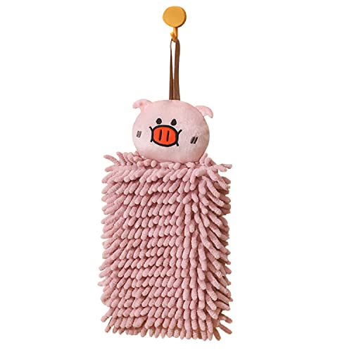 Juebm Hanging Hand Towels for Kitchen with Loop,Bathroom Hand Towels Hanging, Absorbent Microfiber Hand Drying Puff, Double-Sided Animal Thick Kids Hand Dry Towels(Pink)