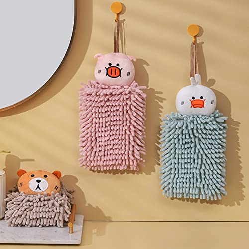 Juebm Hanging Hand Towels for Kitchen with Loop,Bathroom Hand Towels Hanging, Absorbent Microfiber Hand Drying Puff, Double-Sided Animal Thick Kids Hand Dry Towels(Pink)