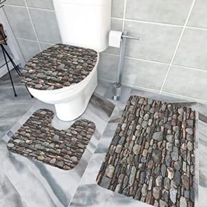 Apular Fashion 3 Piece Bath Rugs Set Rustic Old Stone Wall Non Slip Ultra Soft Bathroom Accessories Mats, U Shape Mat and Toilet Lid Cover Mat Bath Mats