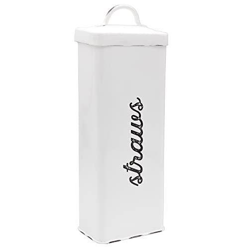 AuldHome Farmhouse Enamelware Straw Holder (White); Rustic Metal Straw Storage Canister