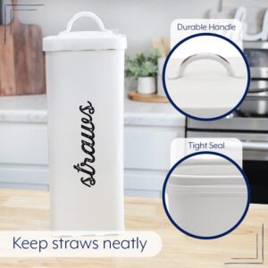 AuldHome Farmhouse Enamelware Straw Holder (White); Rustic Metal Straw Storage Canister