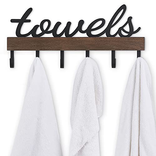 Dahey Towel Rack with 6 Hooks, Towel Holder Wall Mount Bathroom Organizer Rustic Farmhouse Home Decor Towel Hanger Storage Hooks for Towel, Robe, Bag, Black