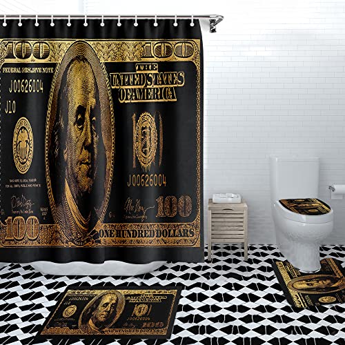 GUBIYU Black Gold 100 Dollar Bill Bathroom Sets with Money Shower Curtain and Bills Rugs,Money Shower Curtains with Hooks for Bathroom Decor,Cool Bathroom Set for Men Bathroom Accessories 4 Pieces