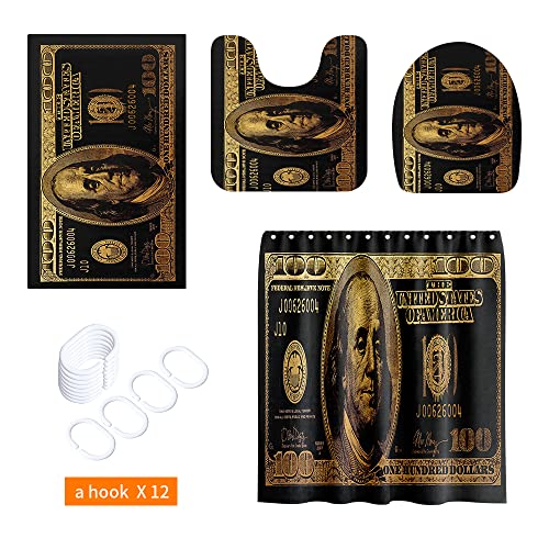 GUBIYU Black Gold 100 Dollar Bill Bathroom Sets with Money Shower Curtain and Bills Rugs,Money Shower Curtains with Hooks for Bathroom Decor,Cool Bathroom Set for Men Bathroom Accessories 4 Pieces