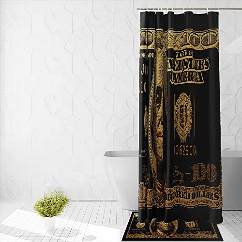 GUBIYU Black Gold 100 Dollar Bill Bathroom Sets with Money Shower Curtain and Bills Rugs,Money Shower Curtains with Hooks for Bathroom Decor,Cool Bathroom Set for Men Bathroom Accessories 4 Pieces