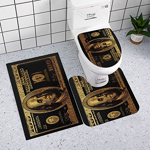 GUBIYU Black Gold 100 Dollar Bill Bathroom Sets with Money Shower Curtain and Bills Rugs,Money Shower Curtains with Hooks for Bathroom Decor,Cool Bathroom Set for Men Bathroom Accessories 4 Pieces