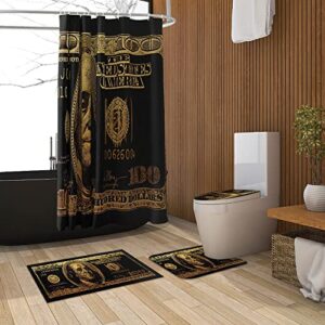 GUBIYU Black Gold 100 Dollar Bill Bathroom Sets with Money Shower Curtain and Bills Rugs,Money Shower Curtains with Hooks for Bathroom Decor,Cool Bathroom Set for Men Bathroom Accessories 4 Pieces