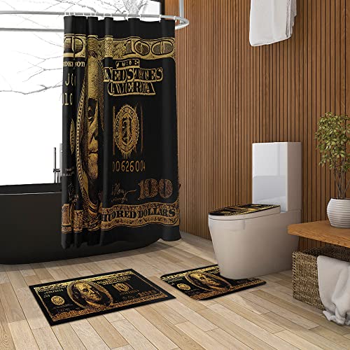 GUBIYU Black Gold 100 Dollar Bill Bathroom Sets with Money Shower Curtain and Bills Rugs,Money Shower Curtains with Hooks for Bathroom Decor,Cool Bathroom Set for Men Bathroom Accessories 4 Pieces