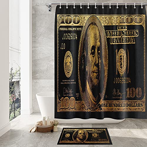 GUBIYU Black Gold 100 Dollar Bill Bathroom Sets with Money Shower Curtain and Bills Rugs,Money Shower Curtains with Hooks for Bathroom Decor,Cool Bathroom Set for Men Bathroom Accessories 4 Pieces