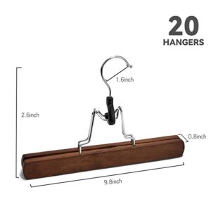 Nature Smile Wooden Pants Hangers 20 Pack Non Slip Skirt Hangers, Smooth Finish Solid Wood Clamp Hangers Hair Extension Hangers Jeans/Slack Hangers with 360° Swivel Hook (20Pcs, Retro)