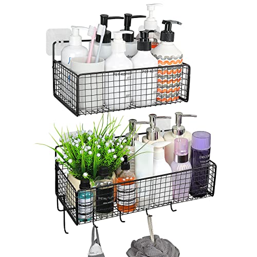 Livabber Adhesive Shower Caddy Basket Shelf with Hooks, All Metal Bathroom Organizer Shelf Rustproof Storage Basket No Drilling Wall Mounted, 2-in-1 Space Saving Kitchen Spice Racks, 2 Pack, Black