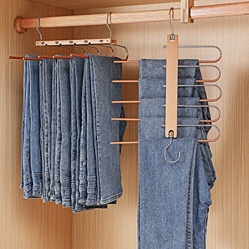 2 Pack - Pants Hanger Space Saving, Solid Wood Non-Slip Pants Hanger, Multifunctional 5 Layer Closet Pants Hanger for Closet Storage Pants Hanger