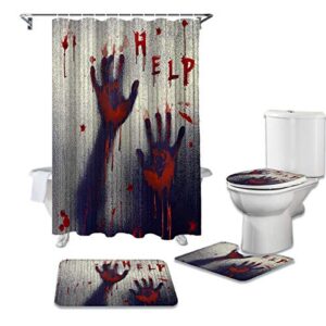 bestlives halloween shower curtain sets with rugs help with bloody hands non-slip soft toilet lid cover for bathroom zombie themed scary 4 pcs bathroom sets with bath mat and 12 hooks