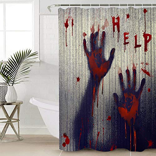 BestLives Halloween Shower Curtain Sets with Rugs Help with Bloody Hands Non-Slip Soft Toilet Lid Cover for Bathroom Zombie Themed Scary 4 Pcs Bathroom Sets with Bath Mat and 12 Hooks