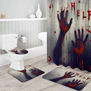 BestLives Halloween Shower Curtain Sets with Rugs Help with Bloody Hands Non-Slip Soft Toilet Lid Cover for Bathroom Zombie Themed Scary 4 Pcs Bathroom Sets with Bath Mat and 12 Hooks