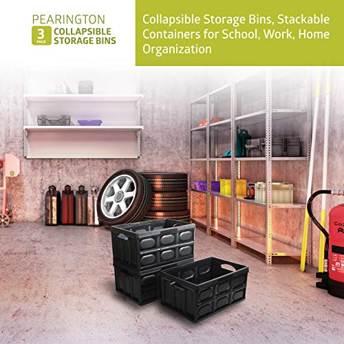 Pearington Collapsible Storage Bins, Stackable Containers for School, Work, Home Organization, 3-Pack