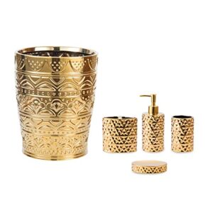 rxlvcky golden trash can and bathroom accessories set,5-piece ceramic gift set, include luxury bath sets lotion dispenser,toothbrush holder, bathroom tumblers, soap dish, trash can