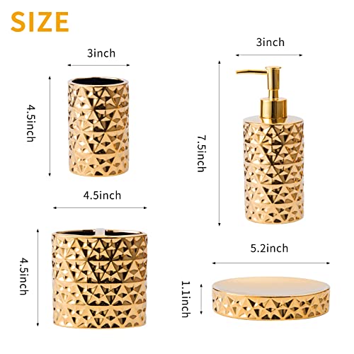 RXLVCKY Golden Trash can and Bathroom Accessories Set,5-Piece Ceramic Gift Set, Include Luxury Bath Sets Lotion Dispenser,Toothbrush Holder, Bathroom Tumblers, Soap Dish, Trash Can