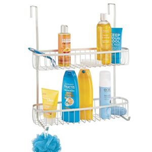 mdesign extra wide stainless steel bath/shower over door caddy, hanging storage organizer 2-tier rack with hook and basket, holder for soap, shampoo, loofah, body wash, hyde collection, matte satin