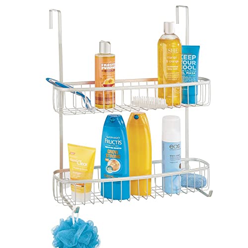 mDesign Extra Wide Stainless Steel Bath/Shower Over Door Caddy, Hanging Storage Organizer 2-Tier Rack with Hook and Basket, Holder for Soap, Shampoo, Loofah, Body Wash, Hyde Collection, Matte Satin