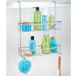 mDesign Extra Wide Stainless Steel Bath/Shower Over Door Caddy, Hanging Storage Organizer 2-Tier Rack with Hook and Basket, Holder for Soap, Shampoo, Loofah, Body Wash, Hyde Collection, Matte Satin