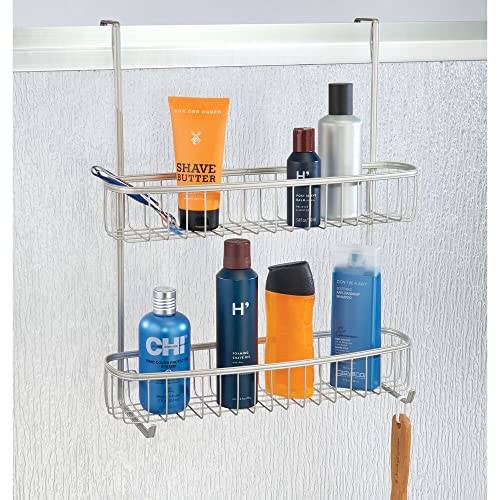 mDesign Extra Wide Stainless Steel Bath/Shower Over Door Caddy, Hanging Storage Organizer 2-Tier Rack with Hook and Basket, Holder for Soap, Shampoo, Loofah, Body Wash, Hyde Collection, Matte Satin