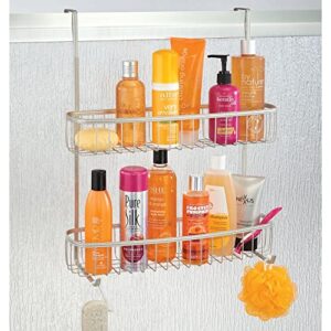 mDesign Extra Wide Stainless Steel Bath/Shower Over Door Caddy, Hanging Storage Organizer 2-Tier Rack with Hook and Basket, Holder for Soap, Shampoo, Loofah, Body Wash, Hyde Collection, Matte Satin